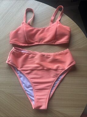 Ribbed Coral High-Waist Bikini Set - Women Swim